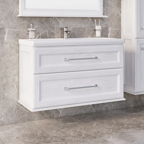 Тумба с раковиной ASB Wood Line Венеция 100 белая, патина серебро