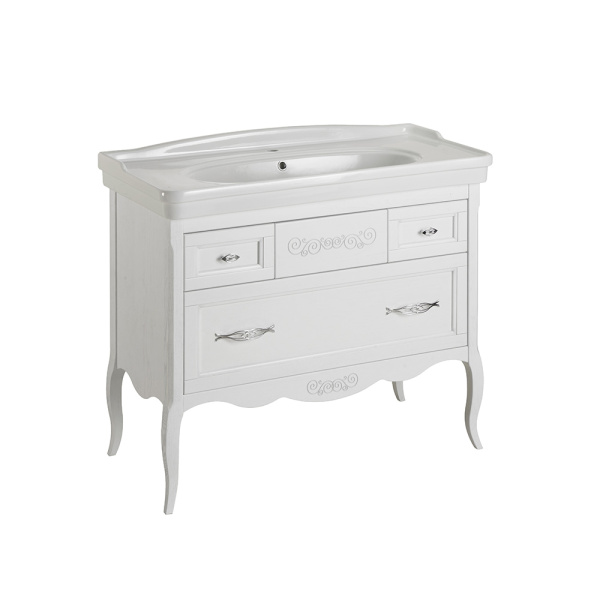 Тумба с раковиной ASB Wood Line Модерн 105 белая, патина серебро