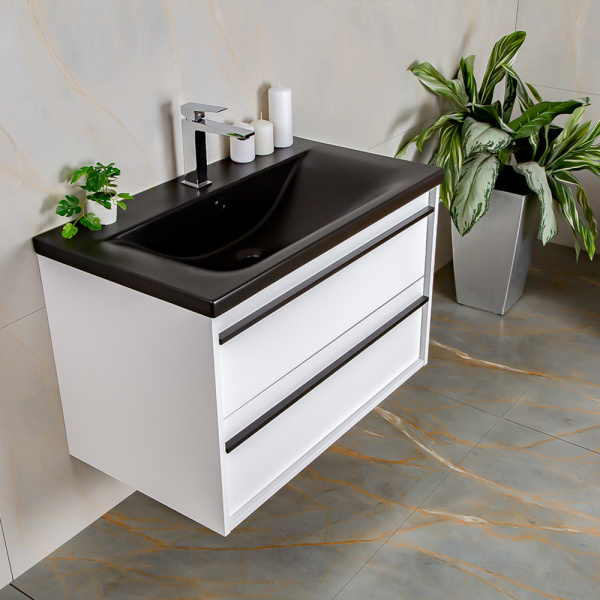 Тумба с раковиной AVS Графика 80 белая матовая с черной ручкой и раковиной Тумба с раковиной AVS Графика 80 белая матовая с черной ручкой и раковиной