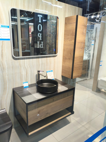 Тумба 900 1ящ подвес со столешницей HPL + Пенал Аттик древесный Steal JORNO